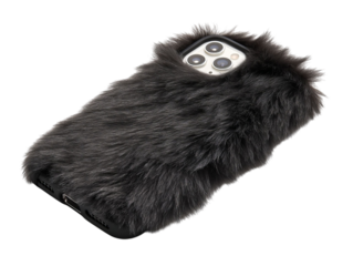 PNG Of Stylish black faux fur phone case, adding a cozy and luxurious touch to your device.