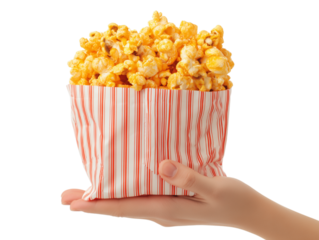 A generous portion of warm, golden popcorn fills a classic red and white striped container