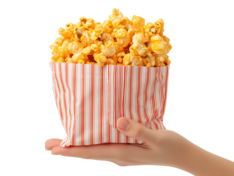 A generous portion of warm, golden popcorn fills a classic red and white striped container