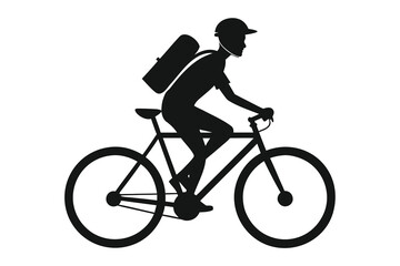 Obraz premium Silhouette of a Cyclist Riding a Bicycle with Backpack Isolated on White Background