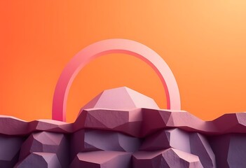 Surreal Abstract Landscape: Pink Arch Rises Over Geometric Purple Peaks Against Orange Sky
