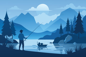 Silhouette of a Fisherman by a Lake Surrounded by Mountains and Trees in Blue Tones