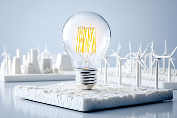 Glowing light bulb with wind turbine.