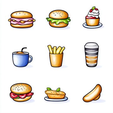 A collection of nine 25x25 pixel thin line mini simple outline icons depicting various fast food items including burgers, fries, cupcakes, and drinks perfect for app design.