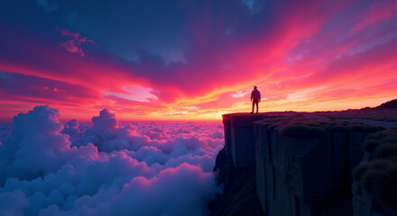Dramatic silhouette of person standing on cliff edge against spectacular sunset sky with purple and orange clouds, inspirational scene.