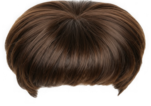 Brown hair wig with a rounded style cut on transparent background