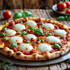 pizza with tomatoes and mozzarella  food meal dinner plate crust  fresh healthy cuisine gourmet delicious dish lunch appetizer red tomato greens close-up