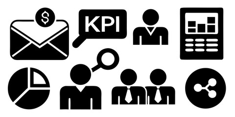 Business people vector icon set: diverse figures and symbols illustrating office work and finance concepts