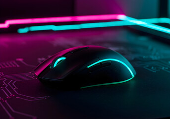 Extreme close-up of a black gaming mouse with intricate RGB edge lighting details, lying on a dark neoprene mousepad, capturing the fine details of the mouse's surface and the vibrant colors, with a b