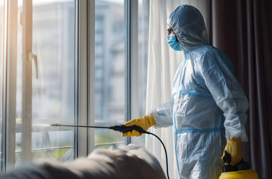 Portrait of service man wearing protective ppe suit and face mask disinfecting empty apartment or doing pest control with disinfectant spray. Home disinfection and protection concept.
