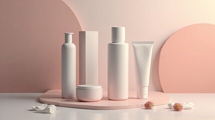 Minimalist cosmetic mockup product arrangement on platform with pink background
