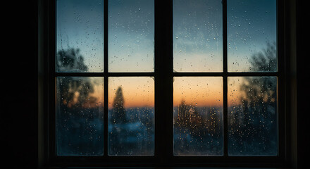 A soft, dreamy watercolor painting of a dark room with a window at dusk.