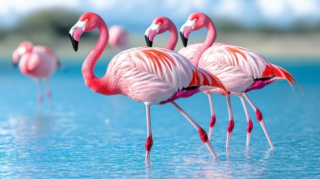 A breathtaking group of vibrant pink African flamingos gracefully wade through the shallow, crystal-clear turquoise waters of their natural habitat, showcasing their elegant - Powered by Adobe