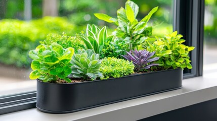 A vibrant collection of lush green plants thrives in a sleek modern window box planter sitting on a bright window sill bathed in natural sunlight.