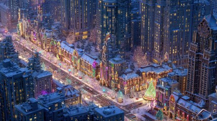 Fototapeta premium Enchanted Winter Cityscape: A Christmas Eve Aerial View