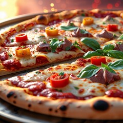 pizza with cheese tomatoes and basil food meal dinner plate crust  fresh healthy cuisine gourmet delicious dish lunch appetizer slice red tomato greens close-up