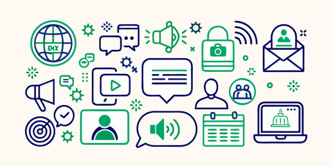 Music icons set vector illustration featuring symbols for web, business, computer, internet, phone, camera, network, email, laptop, document, book, search, video, and mail