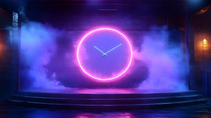 Abstract Neon Clock Display in a Dark Mysterious Environment