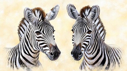 Fototapeta premium Two majestic Grevy's zebras gaze intently at the viewer against a soft sunset backdrop evoking the beauty of the Serengeti plains at golden hour in Africa.