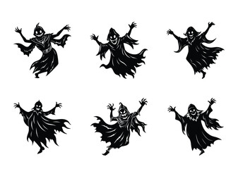 Fototapeta premium Collection of Six Different Spooky Halloween Ghosts in Black Silhouette Style