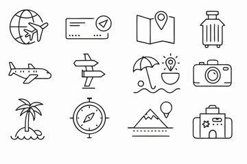 Travel Icons: Airplane, Map, Luggage, Beach, Camera