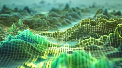 Abstract digital green grid mountain landscape glowing with data processing terrain waves simulation animation video 3D. - Powered by Adobe