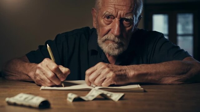 an old man with a sad face writes in a notebook on a table with five dollar bills lying in the foreground. Monetary crisis, pension problem, lack of money, life insurance, hunger