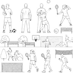 Create a CAD Drawing. men, women doing sport, soccer, badminton, basketball etc, in front back and side view. Symbol for architecture and landscape design drawing. vector art with white background.