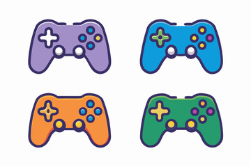 Four Colorful Game Controller Icons: Purple, Blue, Orange, Green