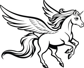 Flying pegasus silhouette,  line art, silhouette illustration, mythical horse, vector graphic
