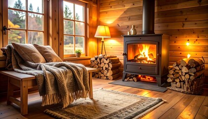 Cozy cabin interior with wood-burning stove, blanket-draped bench, and warm lighting