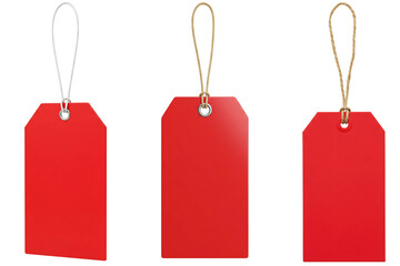 Three red rectangular price tags with strings, isolated on white background for retail, sales, and product labeling.