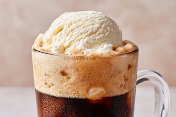 Close-Up Side View of Foamy Root Beer Float with Ice Cream on Taupe Background