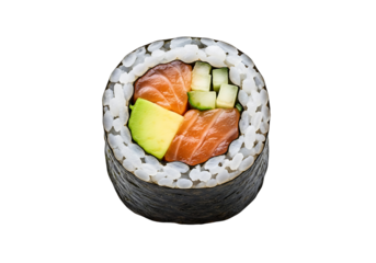 Close-up of a sushi roll with salmon, avocado, and cucumber.