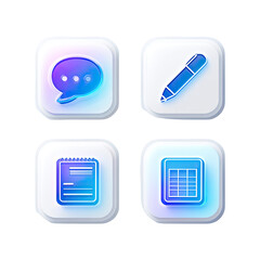 Four square, light-blue-neon-outlined, 3D-effect icons representing communication, writing, organization, and calculation