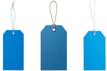 Three blue rectangular price tags with strings, isolated on transparent background for retail, sales, and product labeling., png