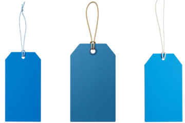 Three blue rectangular price tags with strings, isolated on transparent background for retail, sales, and product labeling., png