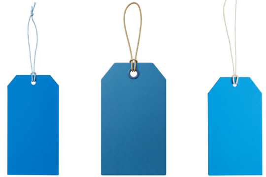 Three blue rectangular price tags with strings, isolated on transparent background for retail, sales, and product labeling., png - Powered by Adobe