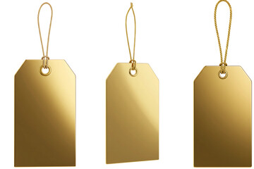 Three golden rectangular price tags with strings, isolated on white background for luxury retail, special offers, and premium product branding.