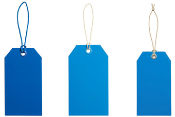 Three blue rectangular price tags with strings, isolated on white background for retail, sales, and product labeling.