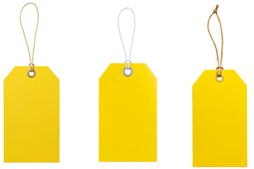 Three yellow rectangular price tags with strings, isolated on white background for retail, sales