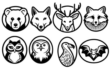 Obraz premium Eight Black and White Animal Head Illustrations