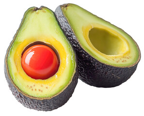 Halved avocado with cherry tomato inside creates unusual and playful fruit combination. vibrant colors and textures make it visually striking., isolated