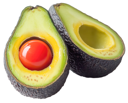 Halved avocado with cherry tomato inside creates unusual and playful fruit combination. vibrant colors and textures make it visually striking., isolated
