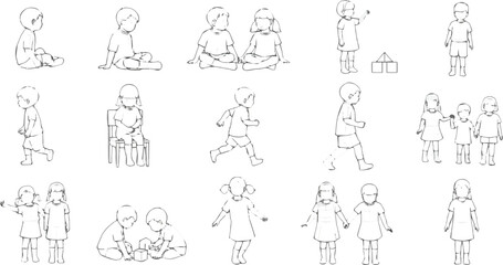 Create a kinds of deferent CAD Drawings. Set kids outlines Sitting, walking, etc. view vector art with white background.