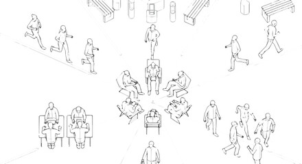 Create a kinds of deferent CAD Drawings. Set people outlines Sitting, walking, running. Top view vector art with white background.