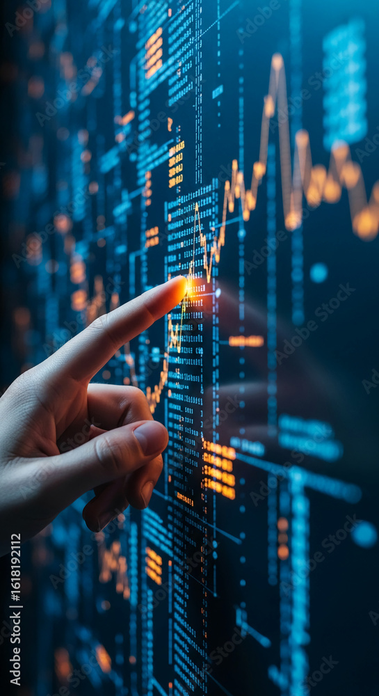 Poster finger interacts with a screen displaying data and a rising graph, symbolizing growth, progress, and