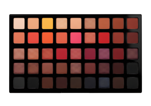 Makeup palette with various shades of eyeshadow and blush.
