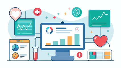 Medical data analysis dashboard with charts and graphs for healthcare technology with computer screen and financial reports for diagnosis and statistics