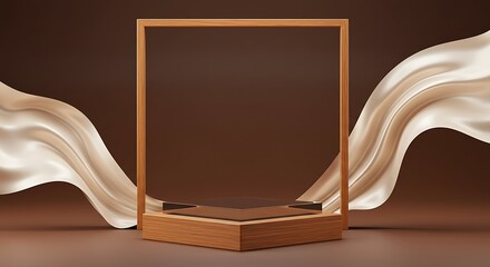 3D display podium, brown background with wood frame pedestal and flying silk cloth curtain